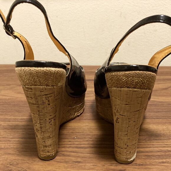 Lisa-W Black Patent Leather Slingback Cork Wedge Peep Toe Pumps. Size 39/8.5. - Picture 4 of 9